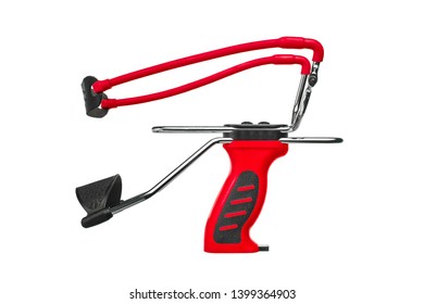Red Slingshot Isolate On White Background. Modern Slingshot With Ergonomic Grip With Tubular Bands.