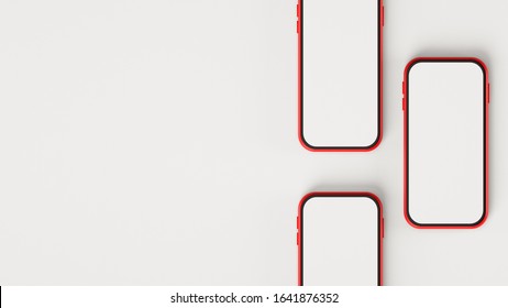 Red smartphone background, black screen with space for text, top view image. Vertical mobile phone composition, modern design background, business device display mockup. Cellphone top view concept.