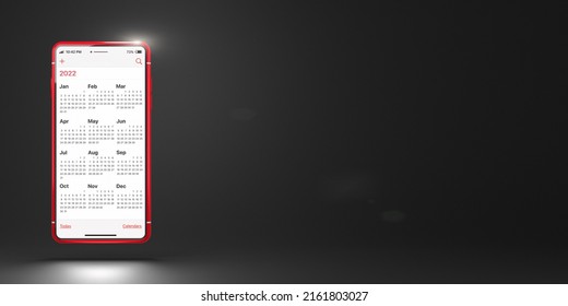 Red smartphone with Calendar 2022 app on black background and copy space. Calendar on the screen of a cell phone. The week starts on Sunday. Business or time management concept - Powered by Shutterstock