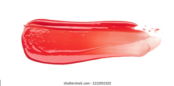 Red Smear And Texture Of Lip Gloss Or Acrylic Paint Isolated On White Background