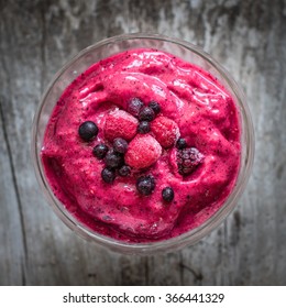 Red Smoothie With Frozen Berries, Selective Focus, Top View