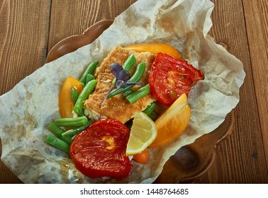 Red Snapper En Papillote , French Term Meaning In Pape, Classic Recipe From Louisiana.