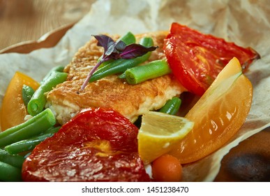 Red Snapper En Papillote , French Term Meaning In Pape, Classic Recipe From Louisiana.