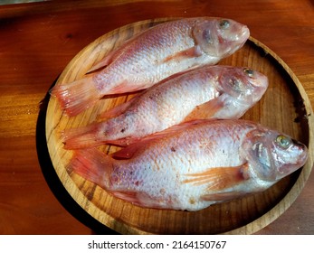 Red Snapper, On A Brown Plate, On A Brown Wooden Table, Ready To Be Fried Or Cooked Any Other Way