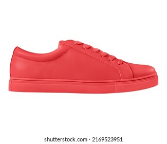 Red sneaker sport shoe side view isolated on white background