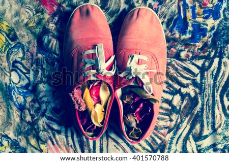 red sneakers with flowers inside on colored background- vintage pp preset