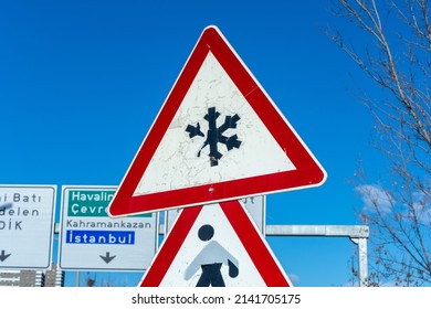 Red Snowfall Traffic Sign. Road Warning Symbol And Snowflake Icon. Icy Street.