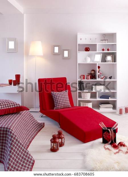 Red Sofa Book Shelf Young Room Stock Photo Edit Now 683708605