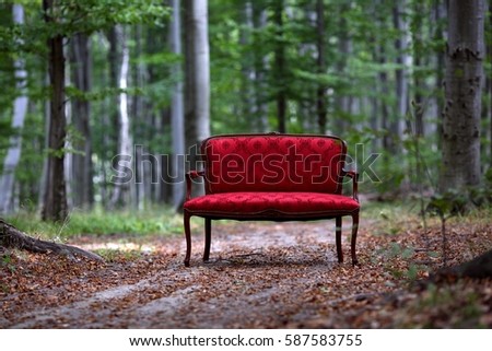 red sofa in the forest