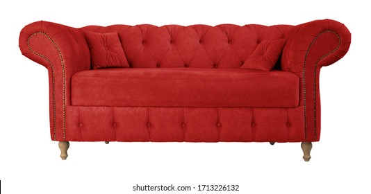 Red sofa with pillows on wooden legs isolated on white. Red suede couch isolated