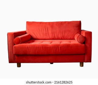Red sofa with rollers on wooden legs isolated on white. Red couch isolated