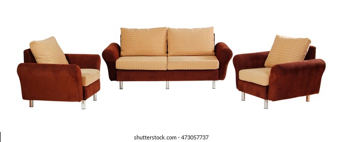 Red Sofa Set Isolated On Background With Clipping Path.
