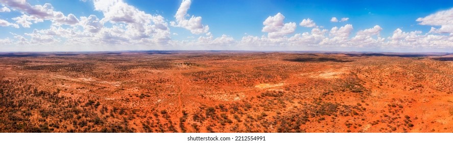 Red Soil Dry Arid Outback Around Broken Hill City Of Australia - Aerial Panorama Over Remote Farm.