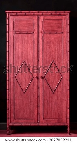 Red solid wood wardrobe featuring a faux bamboo silhouette and geometric diamond panel detailing on double doors.