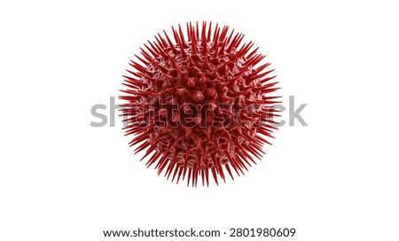 Red spherical virus cell with sharp spikes and textured surface