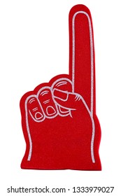 A Red Sports Fan Foam Finger Isolated On A White Background.