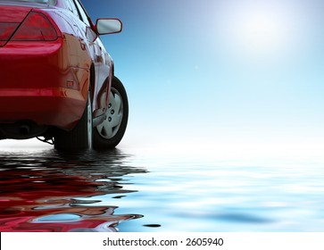 Red Sporty Car Isolated On Clean Background Reflects In The Water.