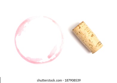 Red Spot Of Wine With Cork On White Background