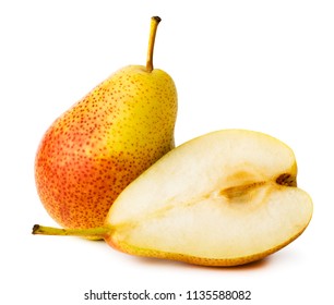 Red spots of ripe pear and half on white background, isolated. - Shutterstock ID 1135588082