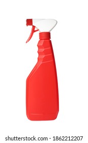 Red Spray Bottle Of Cleaning Product Isolated On White