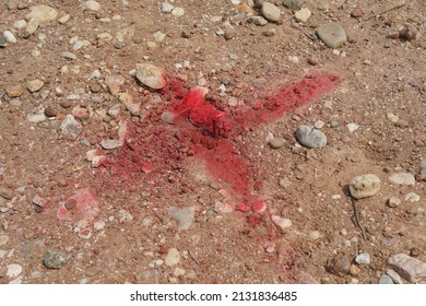 Red spray paint is sprayed as a cross on the nail head for marking the location. Construction planning concept. Setting-Out is to determine the location and boundaries of the building. Piling position