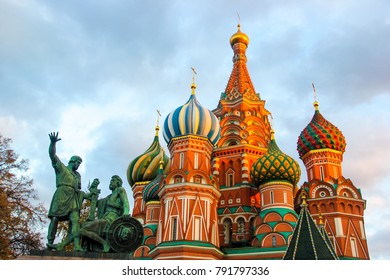 Red Square In Moscow, Russia. 
Monument To Minin And Pozharsky, Bronze Statue By Ivan Martos, And Saint Basil's Cathedral.