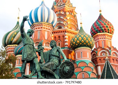 Red Square In Moscow, Russia. 
Monument To Minin And Pozharsky, Bronze Statue By Ivan Martos, And Saint Basil's Cathedral.