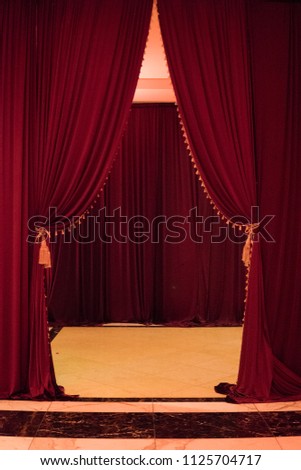 Red stage, realistic red curtain opera scene backdrop, concert grand opening or cinema premiere