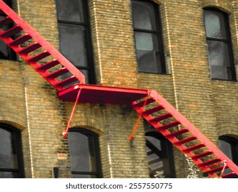 Red stairs “ fire escape “ on side of building  - Powered by Shutterstock