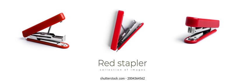 Red stapler isolated on a white background. High quality photo