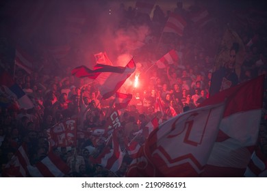 Red Star Football Fans With Torches And Flags During Eternal Soccer Derby In Belgrade, Serbia 22.05.2022