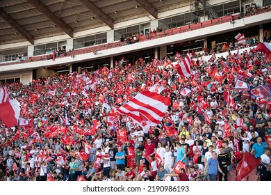 Red Star Football Fans With Torches And Flags During Eternal Soccer Derby In Belgrade, Serbia 22.05.2022