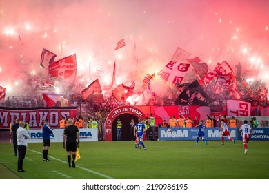 Red Star Football Fans With Torches And Flags During Eternal Soccer Derby In Belgrade, Serbia 22.05.2022