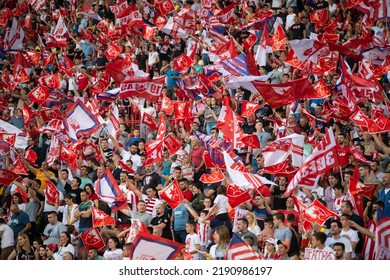 Red Star Football Fans With Torches And Flags During Eternal Soccer Derby In Belgrade, Serbia 22.05.2022