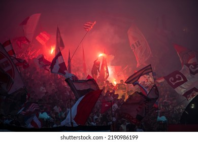 Red Star Football Fans With Torches And Flags During Eternal Soccer Derby In Belgrade, Serbia 22.05.2022