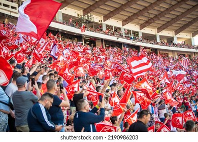 Red Star Football Fans With Torches And Flags During Eternal Soccer Derby In Belgrade, Serbia 22.05.2022