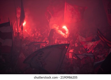 Red Star Football Fans With Torches And Flags During Eternal Soccer Derby In Belgrade, Serbia 22.05.2022