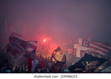 Red Star Football Fans With Torches And Flags During Eternal Soccer Derby In Belgrade, Serbia 22.05.2022