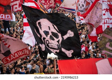 Red Star Football Fans With Torches And Flags During Eternal Soccer Derby In Belgrade, Serbia 22.05.2022