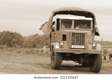 Red Star Military History Club. German Military Transport Of WWII Time During Historical Reenactment Of WWII , May 13, 2012 In Kiev, Ukraine