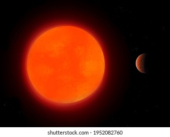 Red Star With A Planet. Terrestrial Planet In Orbit Around A Red Dwarf. Space Landscape. 
