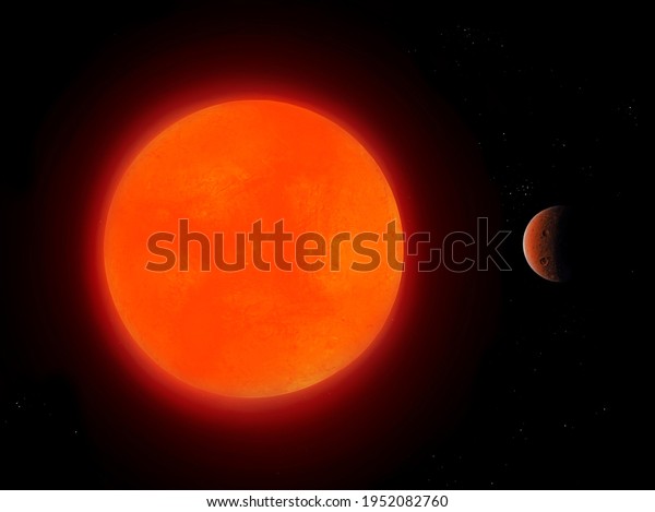 Red star with a planet. Terrestrial\
planet in orbit around a red dwarf. Space landscape.\
