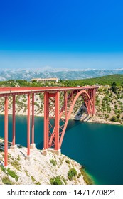 Red Steel Bridge On Maslenica, Croatia, Summer Day, Dalmatian Landscape