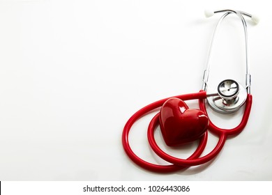 Red Stethoscope With Red Heart And Doctor White Background, Minimal Love And Health Concept