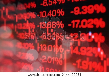 Red stock market price showing trader phobia of crisis war and inflation,trading graph analysis investment of financial board display bad economy and negative stock situation.