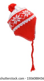 Red Stocking Hat Side View Cut Out On White.