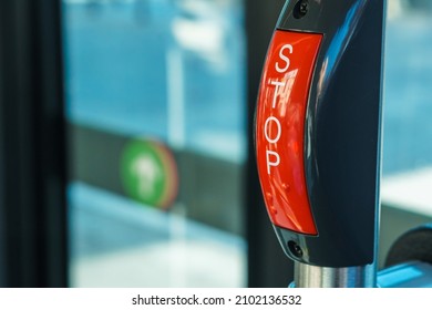 Red Stop Button For Bus Or Streetcar, Press The Button To Request The Bus Driver To Get Off At The Next Station.