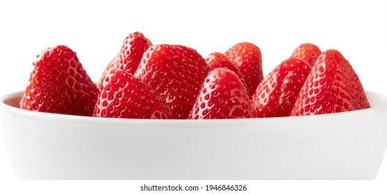 Red Strawberries In White Bowl Isolated Close Up. Ananassa Strawberry In Soup Plate On White Background. Local Market Berry Front View Banner.