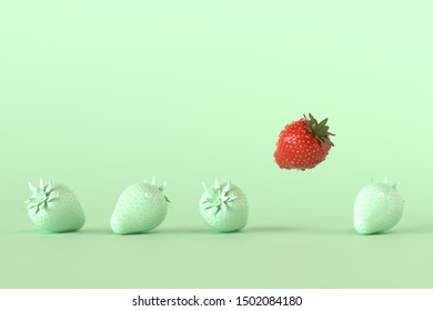 Red strawberry floating among the other green strawberries on green background. Outstanding minimal concept. 3d illustrations. - Shutterstock ID 1502084180