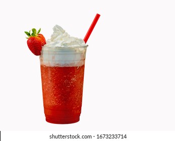 Red Strawberry Fruit Smoothie Or Cocktail In A Clear Cup With Whipped Cream And A Straw On A White Background.